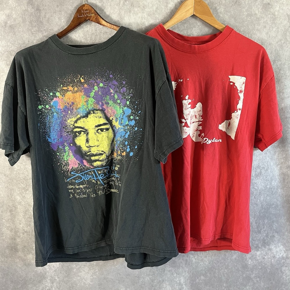 Lot Of 2 - Jimi Hendrix & Bob Dylan Shirts Mens XL Black Red Crew Neck Tee Rock